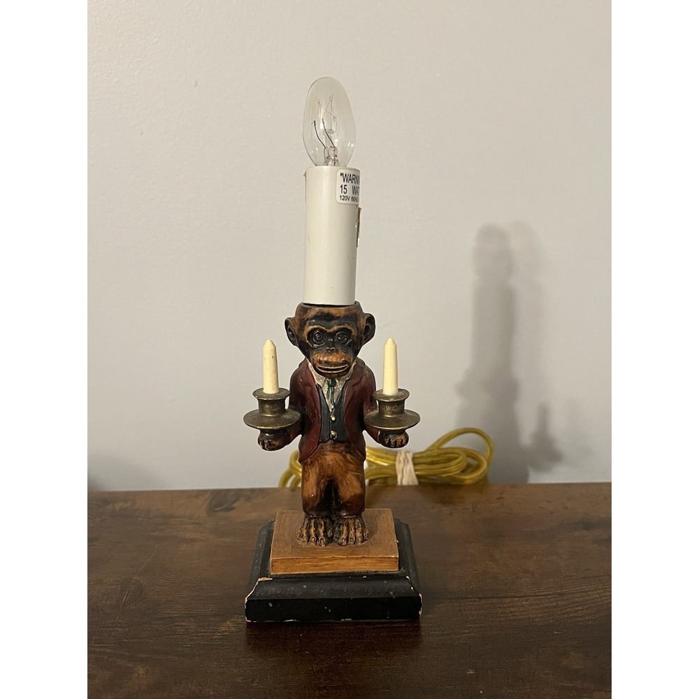 Vintage Monkey Butler Table Lamp Holding Candlesticks Resin Figurine Works
